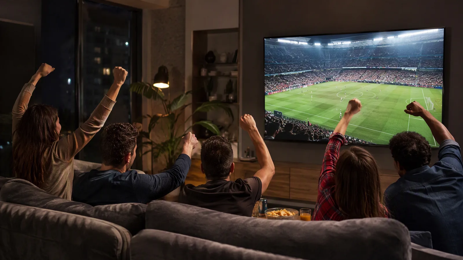 Friends cheering while watching a football match on TV at night